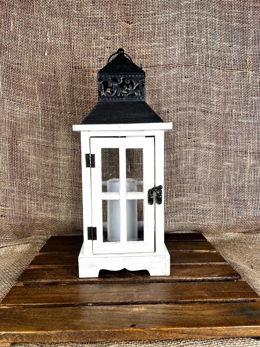 Distressed White Wood Lantern Black Metal Farmhouse Candle Holder